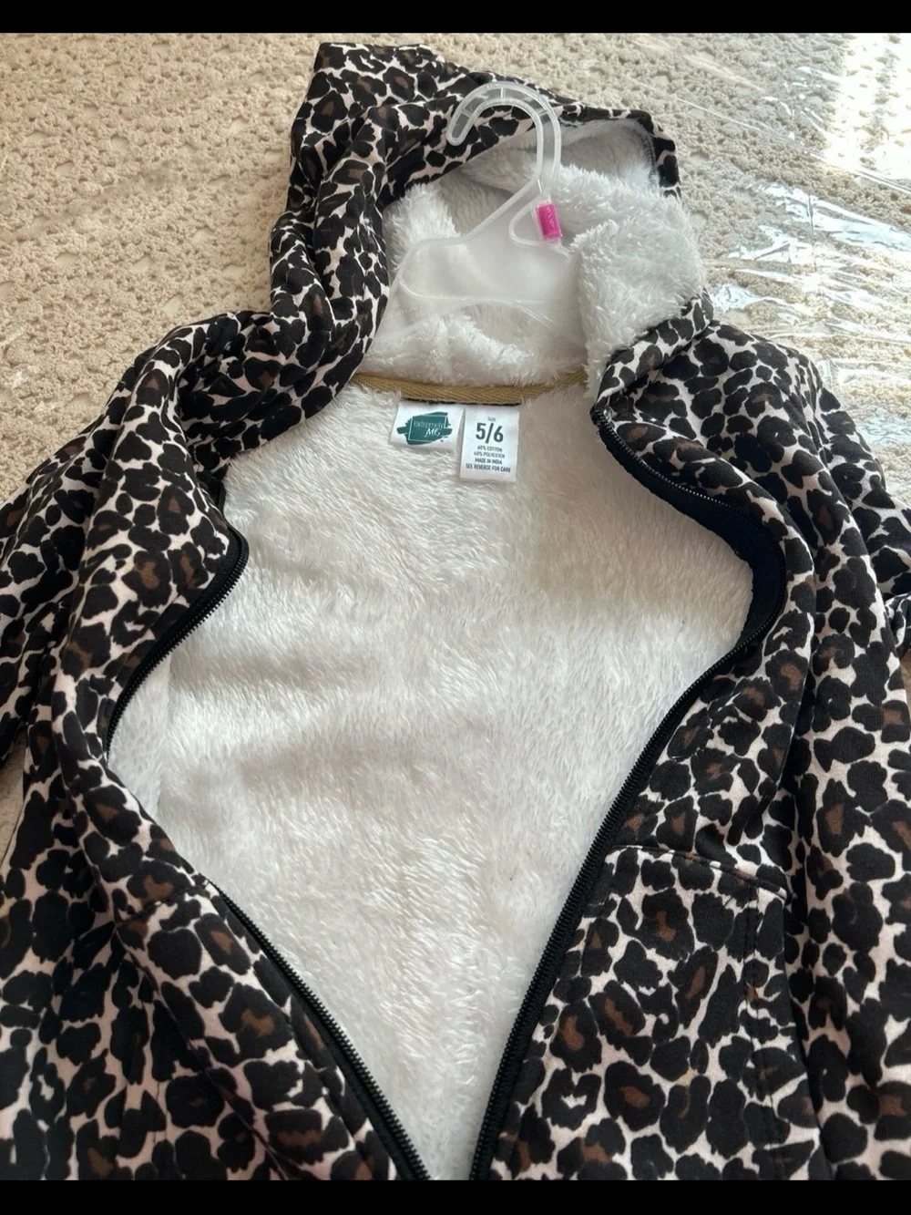 Girls' Leopard Print Hooded Jacket with Sherpa Lining